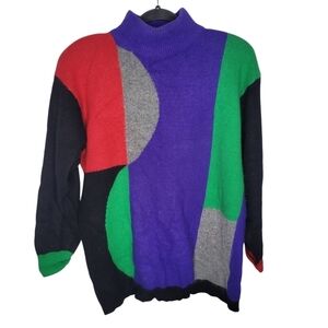 Vintage 80s Abstract Art Colorblock Turtleneck Sweater Lambswool Angora Rabbit